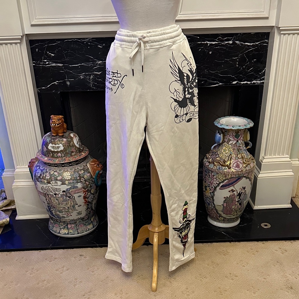 Ed Hardy White Sweatpants with Graphic Art